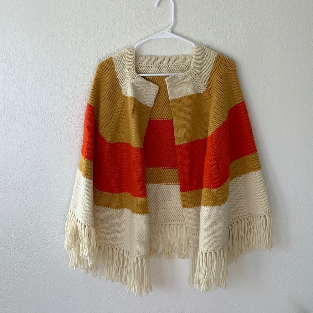 Perfect vintage poncho shawl in cream, mustard, and orange